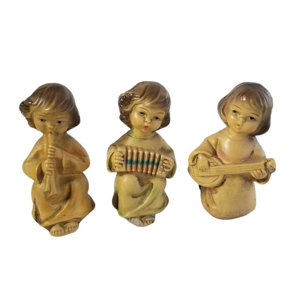 Vintage JAPAN Christmas Angel Trio with Instruments 3.75" Flaws Crafting Xmas